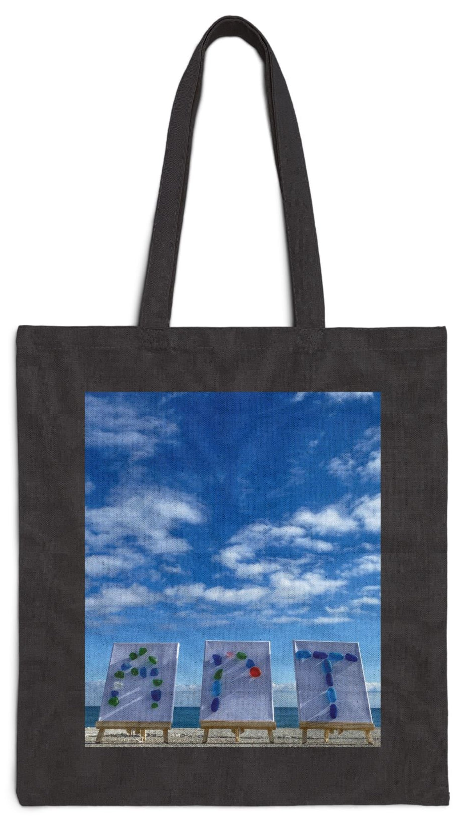 Art Tote Bag Black 15" x 16" Cotton Canvas Different Print on Each Side. "Seaside Art & Beach Art"