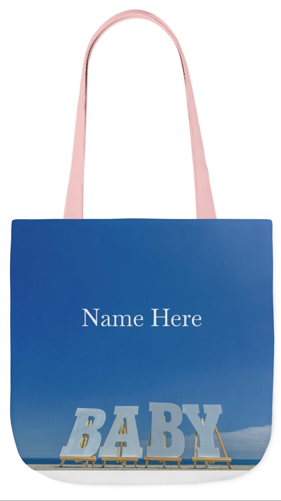 Baby Tote Bag 18”x 18” same all over print on each side with white, blue or pink handle options. “Baby Bag Bright Sky”.(Personalize it)