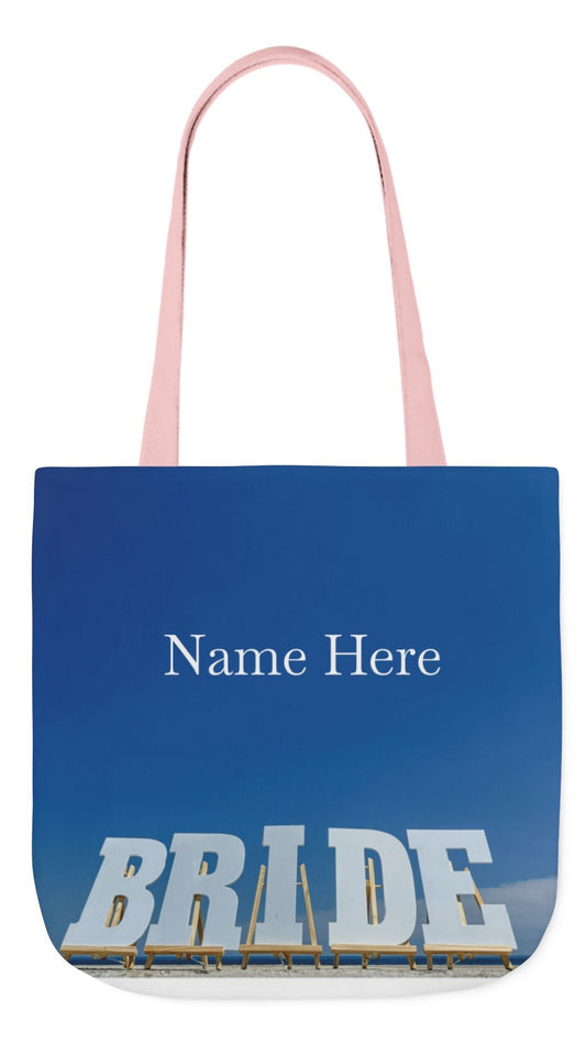 Bride Tote Bag 18" x 18" with allover same print on each side. Pink or white handle choice. "Bride Bag Bright Sky" (Personalize it)