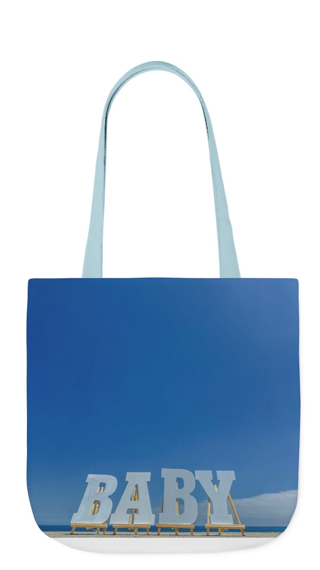 Baby Tote Bag 18”x 18” same all over print on each side with white, blue or pink handle options. “Baby Bag Bright Sky”.(Personalize it)