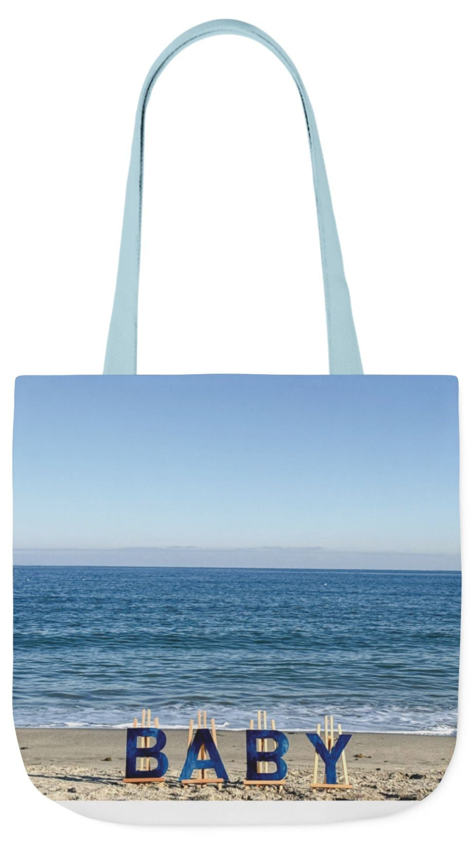 Baby Tote Bag (Blue) 18” x 18”with the same all over print on each side. Blue or White handles. "Beach Baby Tote Bag".