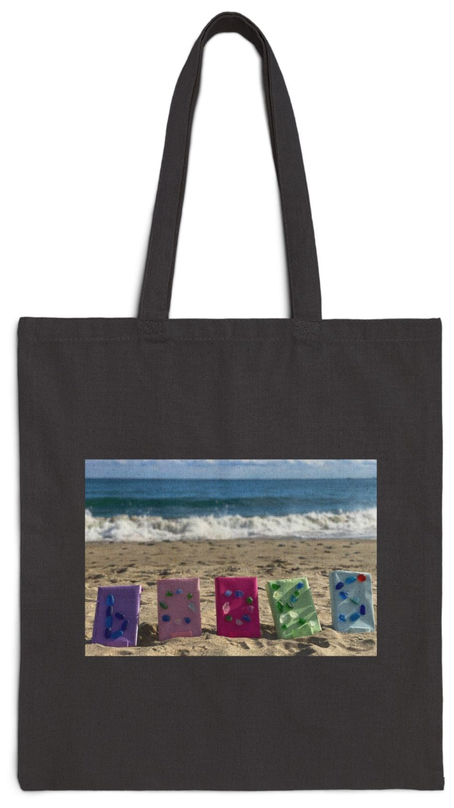 Book Tote Bag Black 15" x 16" Cotton Canvas Print on One Side. "Books on the Sand"