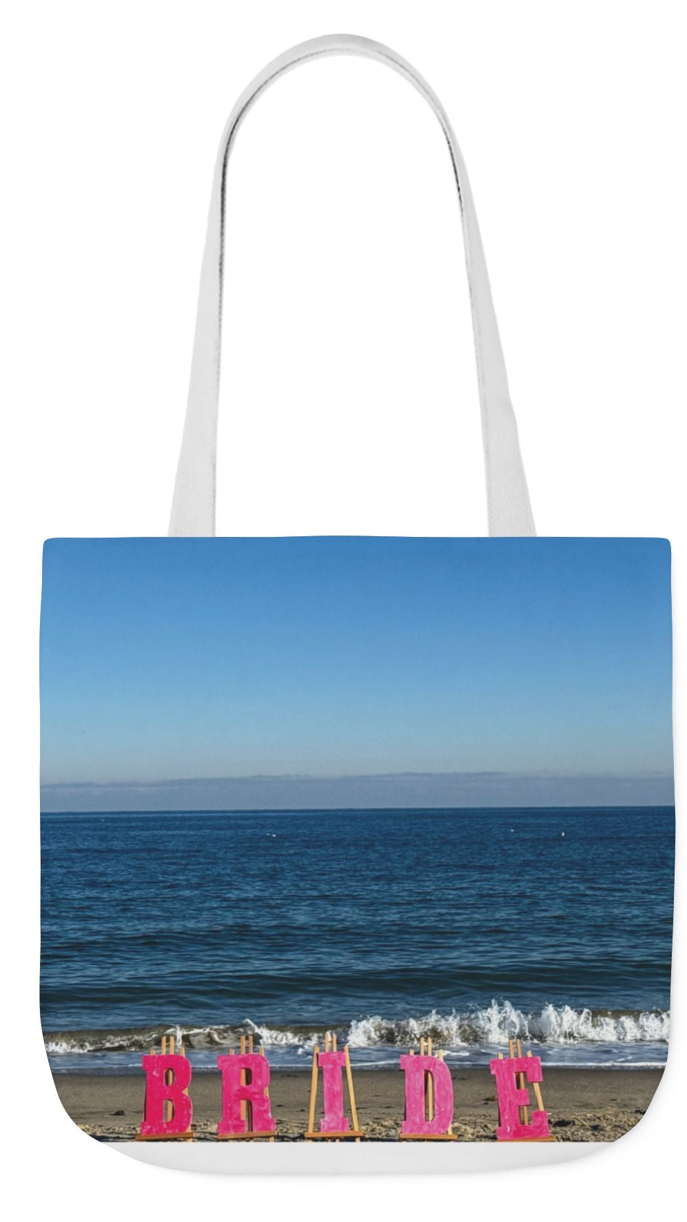 Bride Tote Bag 18" x 18" with allover same print on each side. Pink or white handle choice. "Beach Bride Bag"(Personalize it)