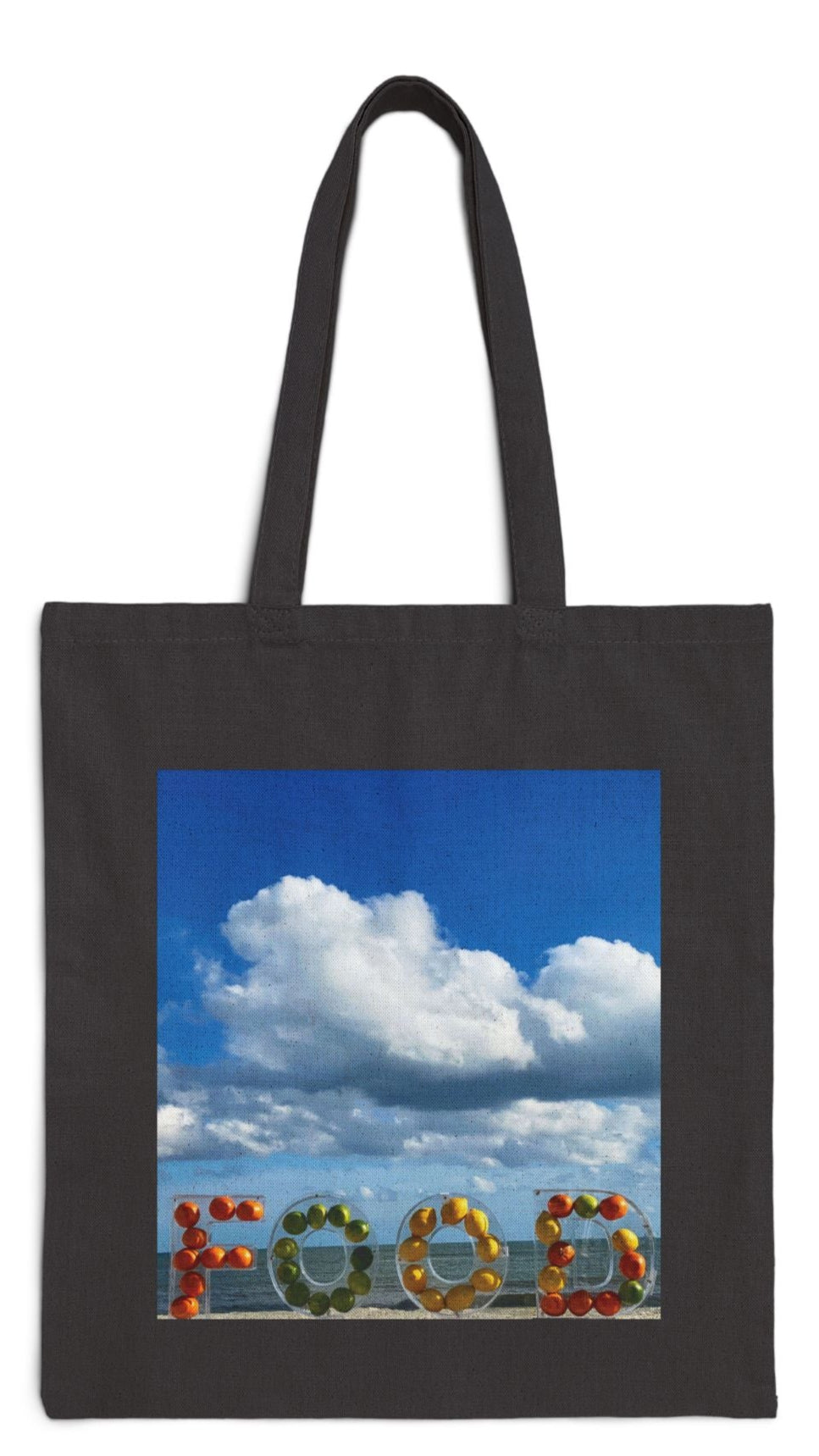 Food Tote Bag Black 15” x 16” Cotton Canvas Print on One Side. "Beachy Food" Bag.