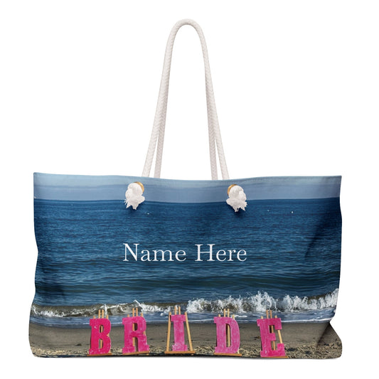 Bride Weekender Bag with same allover print on each side and rope handles. "24 x 13". "Beach Bride Weekender Bag" (Personalize it)