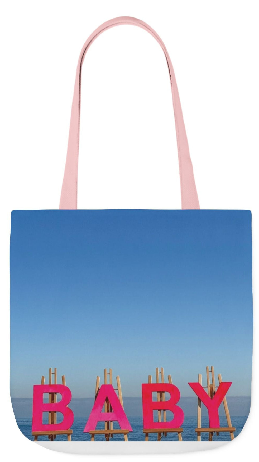 Baby Tote Bag (Pink) 18”x 18” same all over print on each side with pink or white handle options. “Shoreline Baby Tote Bag”.