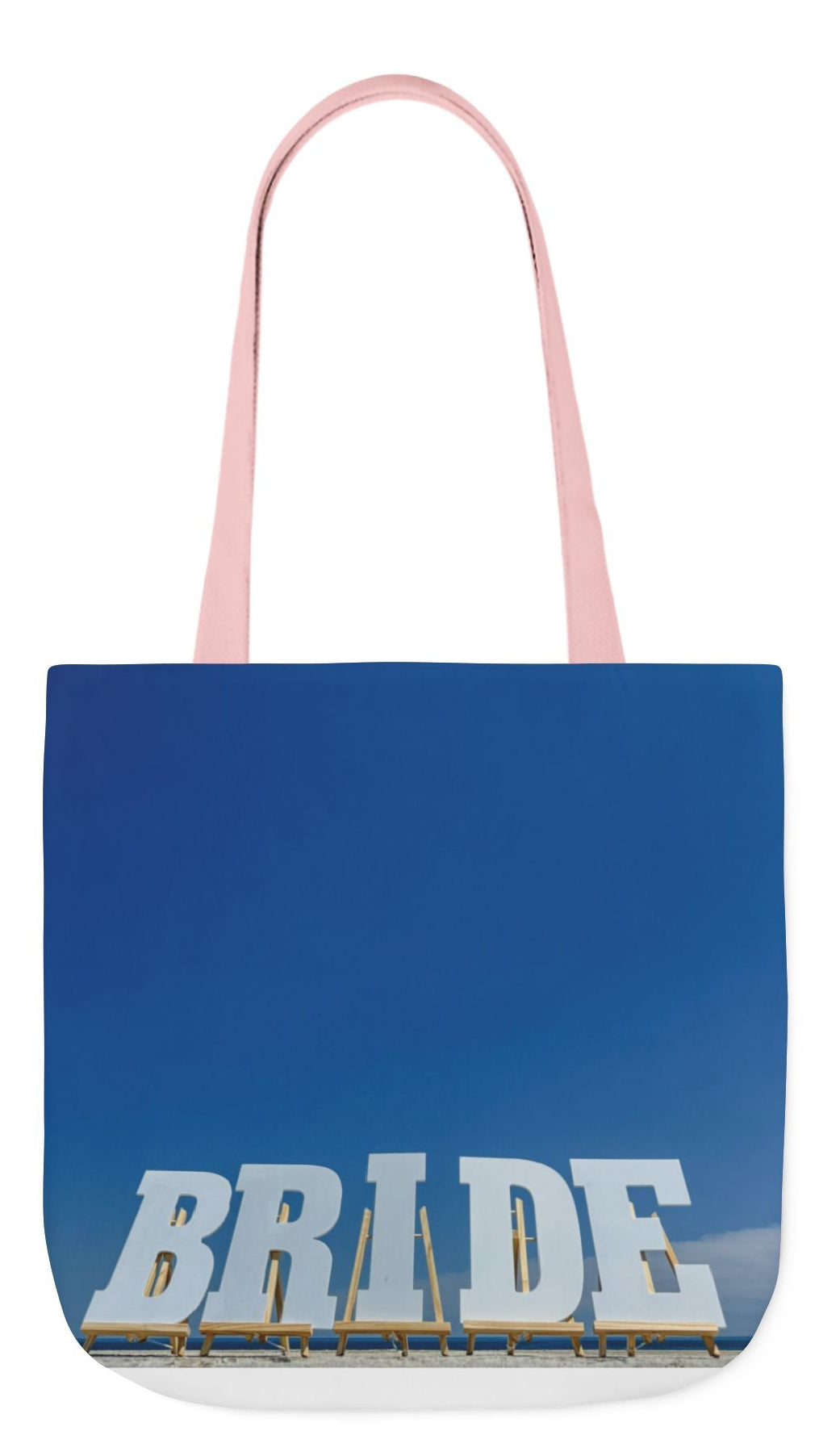 Bride Tote Bag 18" x 18" with allover same print on each side. Pink or white handle choice. "Bride Bag Bright Sky" (Personalize it)