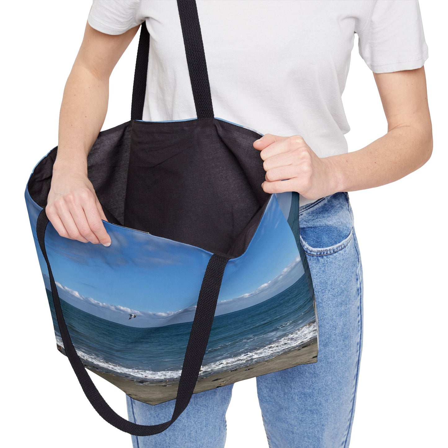 Beach Weekender Tote Bag 24" x 13" with Different Print on Each Side. "Shore Bird & Big Waves"