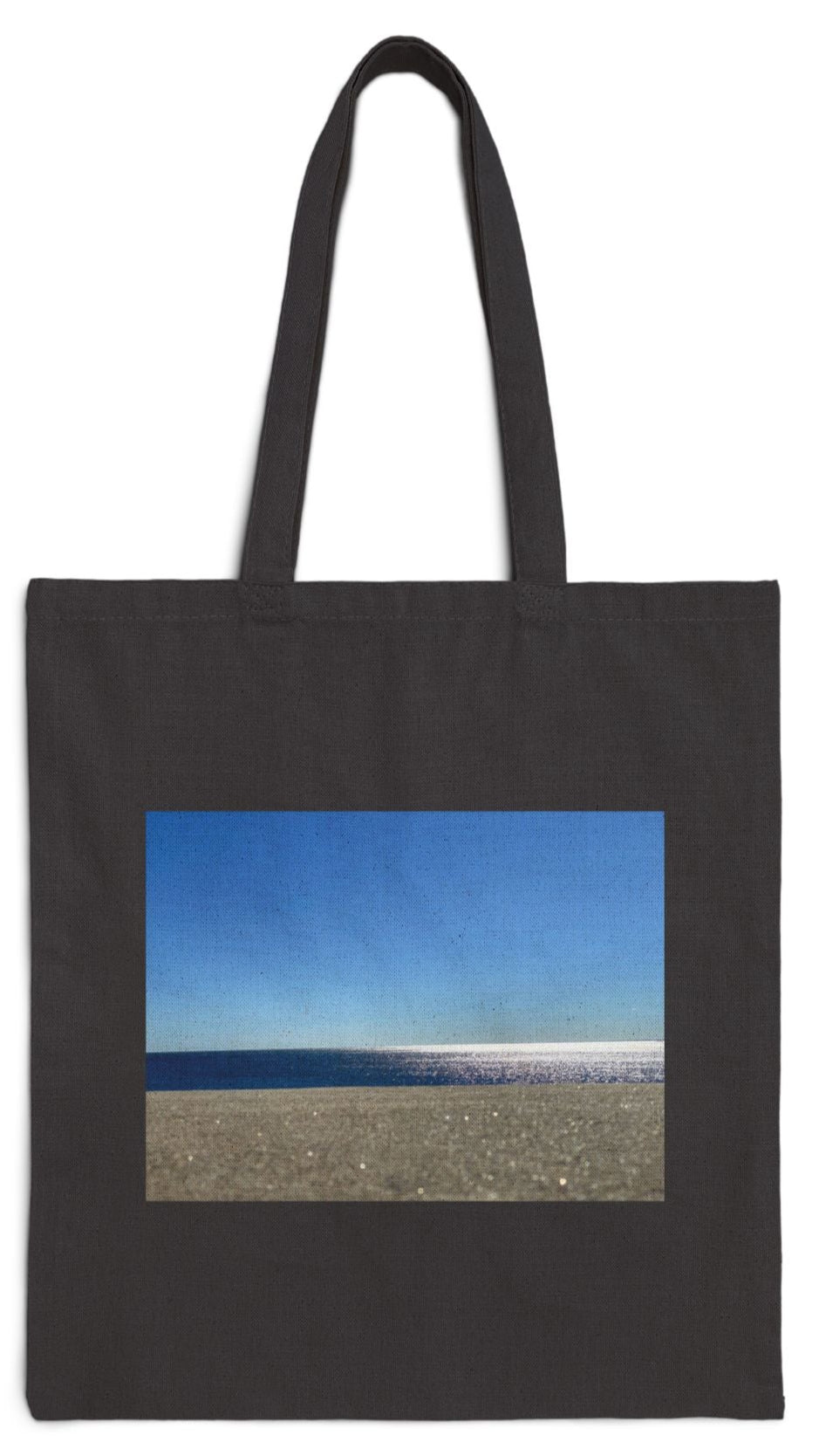 Beach Tote Bag Black 15" x 16" Cotton Canvas Print on One Side. "Sunny Seaside Bag"