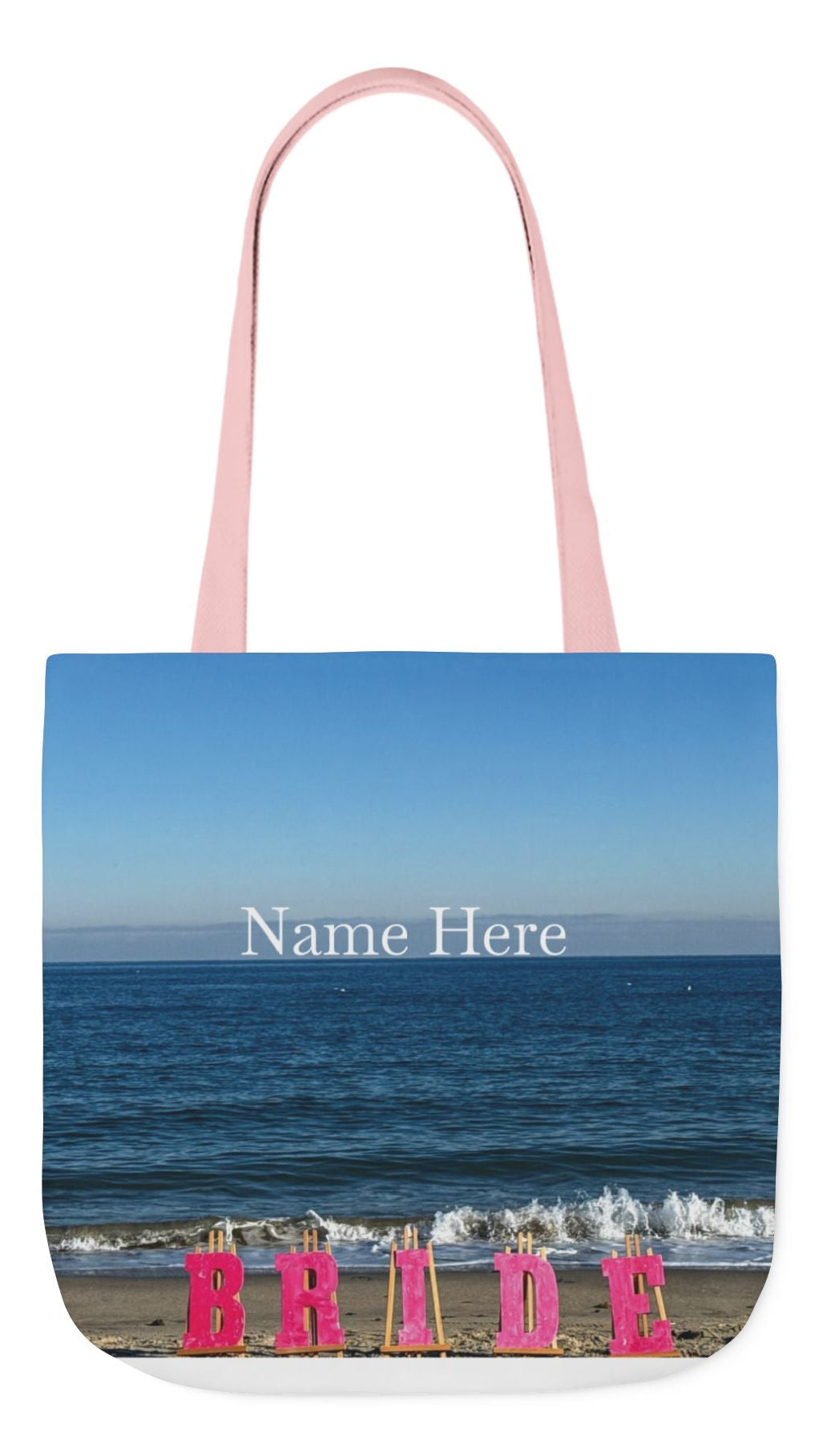 Bride Tote Bag 18" x 18" with allover same print on each side. Pink or white handle choice. "Beach Bride Bag"(Personalize it)
