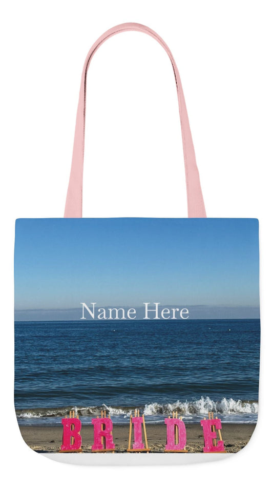 Bride Tote Bag 18" x 18" with allover same print on each side. Pink or white handle choice. "Beach Bride Bag"(Personalize it)