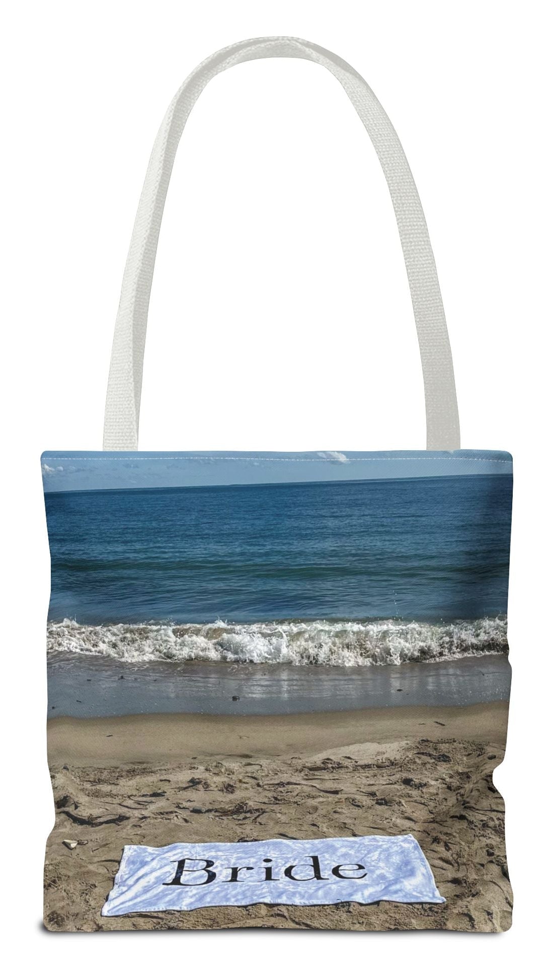 Bride Tote Bag 13" x 13" Same Print on Both Sides with White Handles. "Bride Beach Sand Bride Bag"