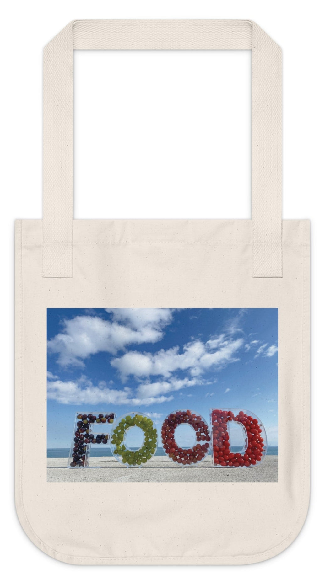 Food Tote Bag Organic Cotton Canvas"14.50 x 12.50" (Print on One Side) Colors: Natural, Black, Blue. "Seashore Food Bag".