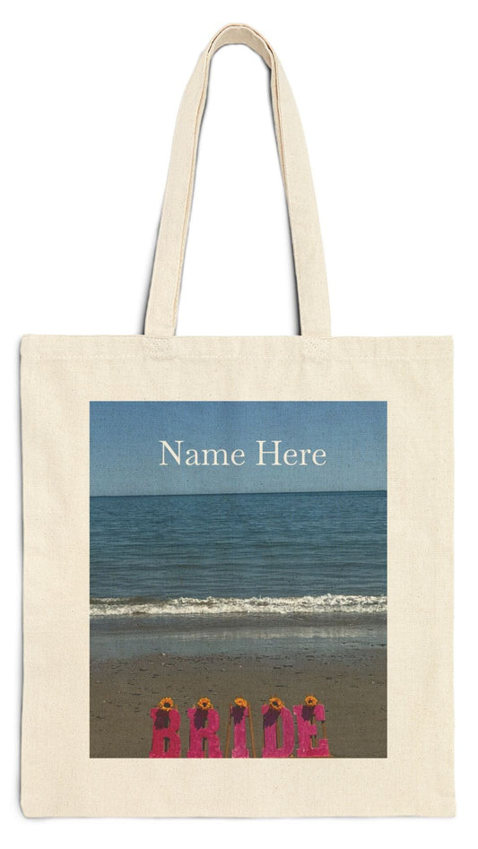 Bride Tote Bag Natural Color 15" x 16" Cotton Canvas Print on One Side. "Beachfront Bride Bag" (Personalize it)