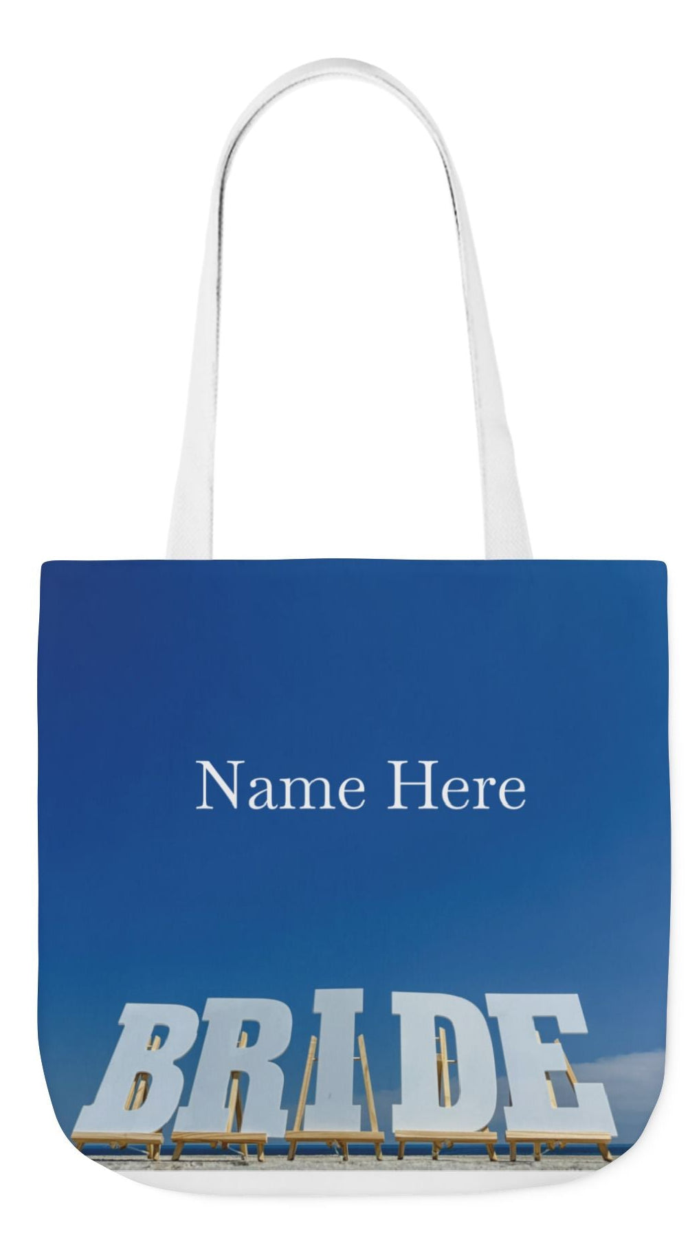 Bride Tote Bag 18" x 18" with allover same print on each side. Pink or white handle choice. "Bride Bag Bright Sky" (Personalize it)