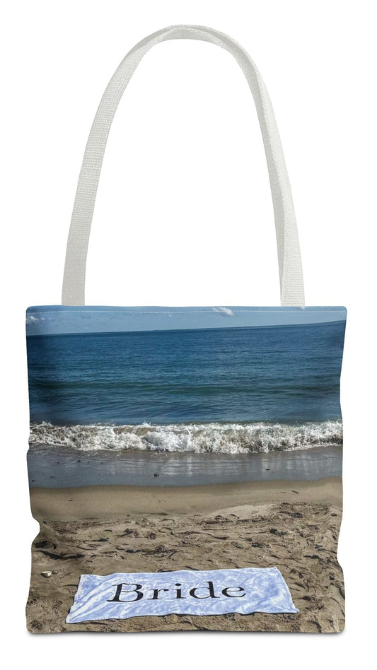 Bride Tote Bag 13" x 13" Same Print on Both Sides with White Handles. "Bride Beach Sand Bride Bag"