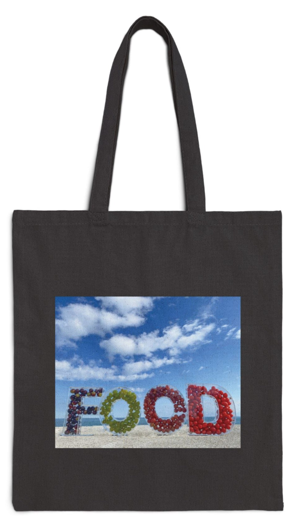 Food Tote Bag Black 15” x 16” Cotton Canvas Different Print on Each Side. "Beachy Food & Seashore Food" Bag.