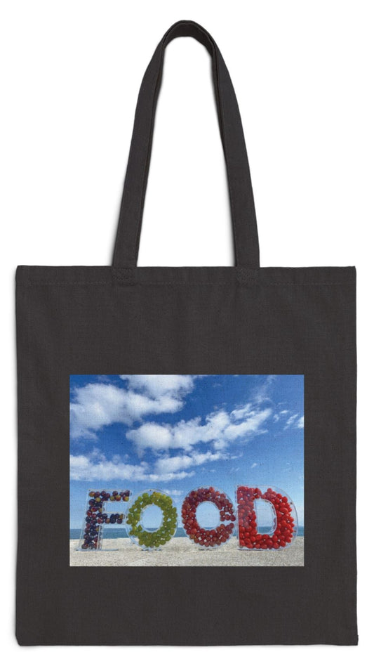 Food Tote Bag Black 15” x 16” Cotton Canvas Different Print on Each Side. "Beachy Food & Seashore Food" Bag.