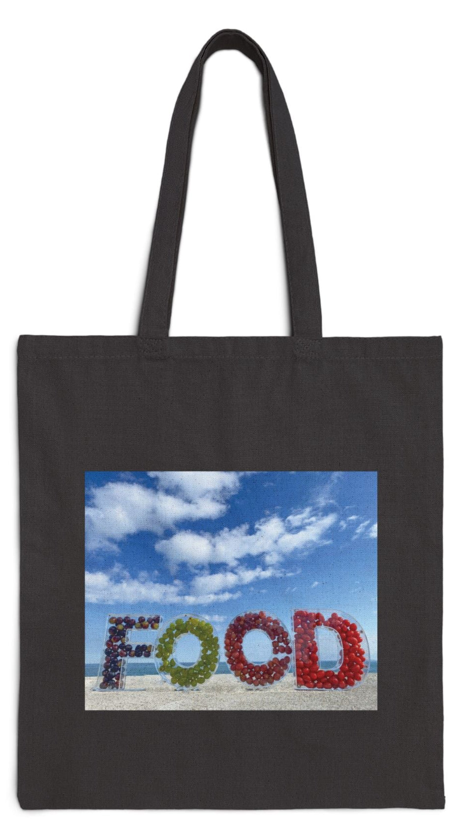 Food Tote Bag Black 15” x 16” Cotton Canvas Different Print on Each Side. "Beachy Food & Seashore Food" Bag.