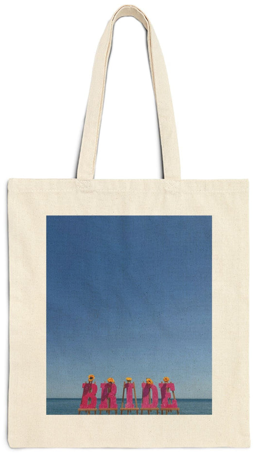 Bride Tote Bag Natural Color 15" x 16" Cotton Canvas Different Print on each side. "Shoreline & Beachfront Bride Bag"