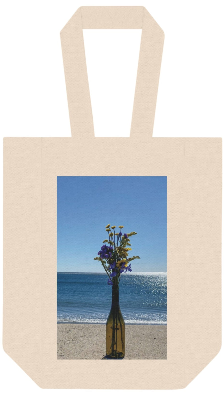 Wine Tote Bag Double (Two Bottles) Print on One Side. “Shoreline Flowers in a Bottle”