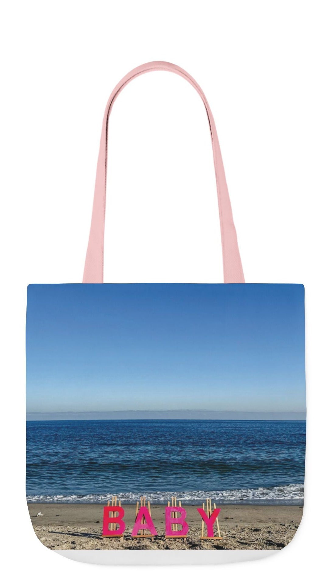 Baby Tote Bag (Pink) 18”x 18” same all over print on each side with pink or white handle options. “Beach Baby Tote Bag”. (Personalize it)