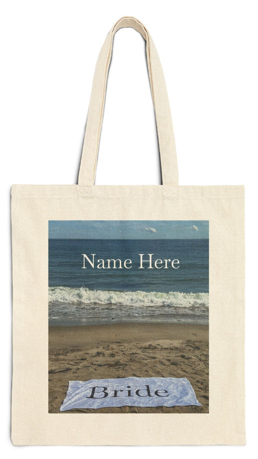 Bride Tote Bag  Natural Color 15" x 16" Cotton Canvas Print on One Side. "Beach Sand Bride Tote Bag" (Personalize it)