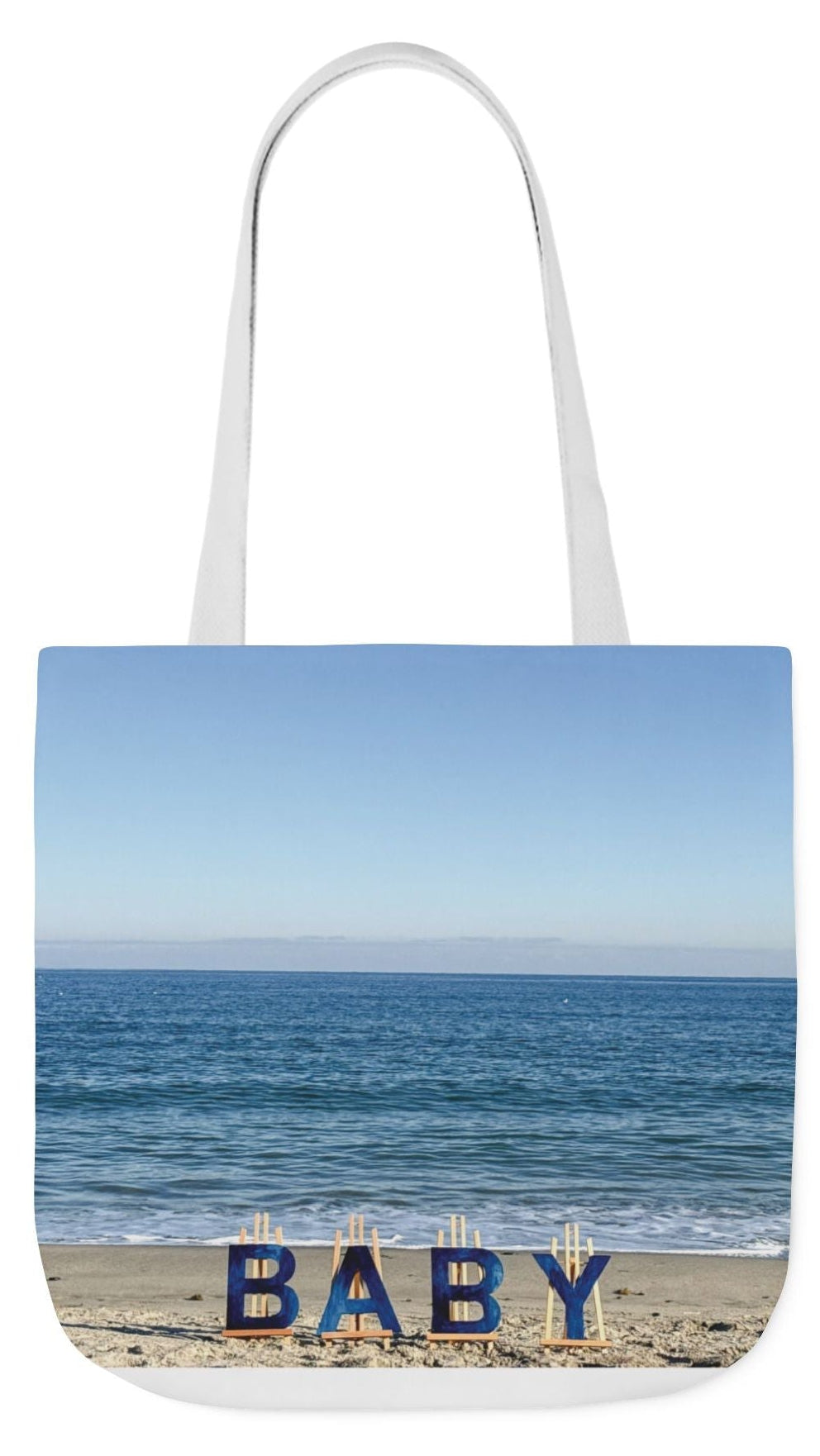 Baby Tote Bag (Blue) 18” x 18”with the same all over print on each side. Blue or White handles. "Beach Baby Tote Bag".(Personalize it)