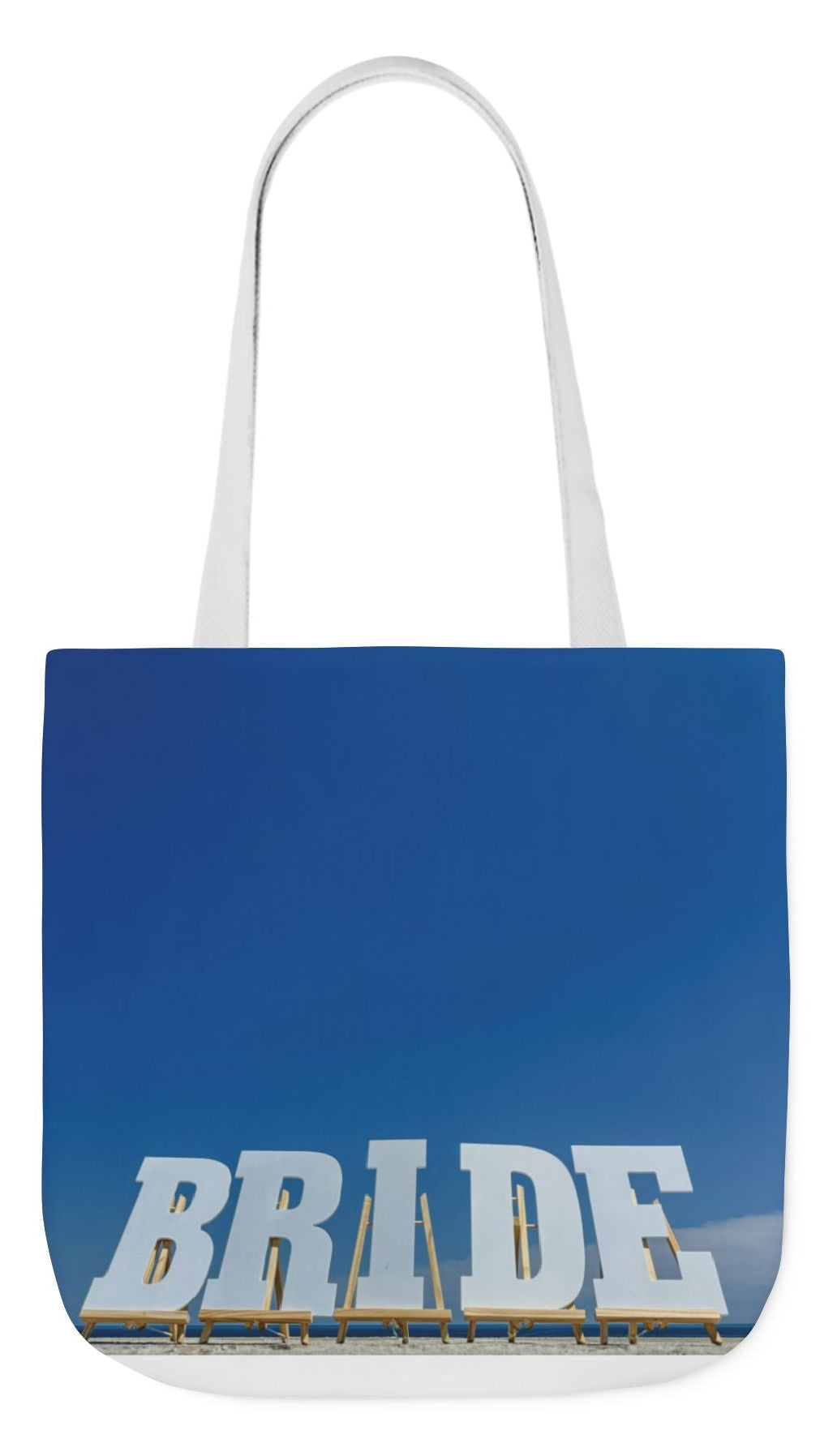 Bride Tote Bag 18" x 18" with allover same print on each side. Pink or white handle choice. "Bride Bag Bright Sky" (Personalize it)