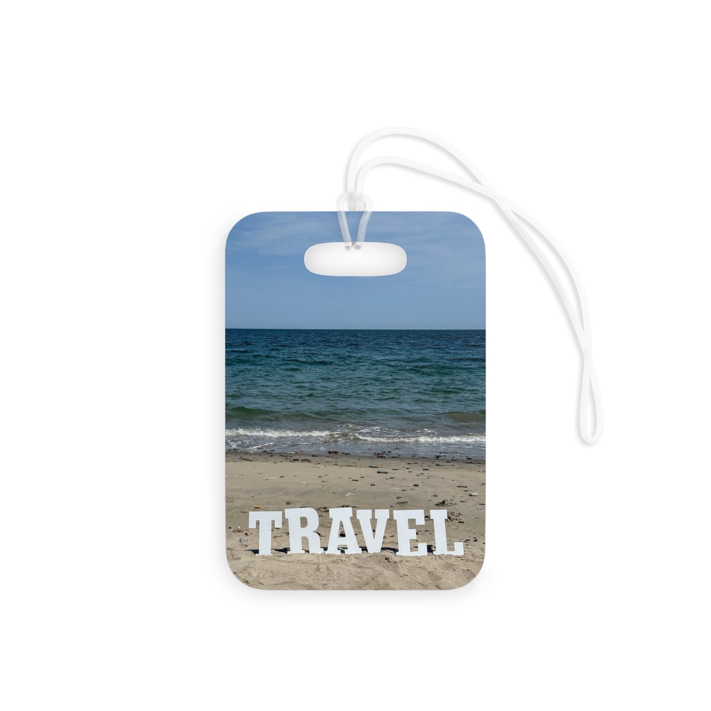 Plastic Luggage Tag Different Print on each side with a Glossy Finish and clear Acrylic tie. "Seaside & Beach Travel Tag"