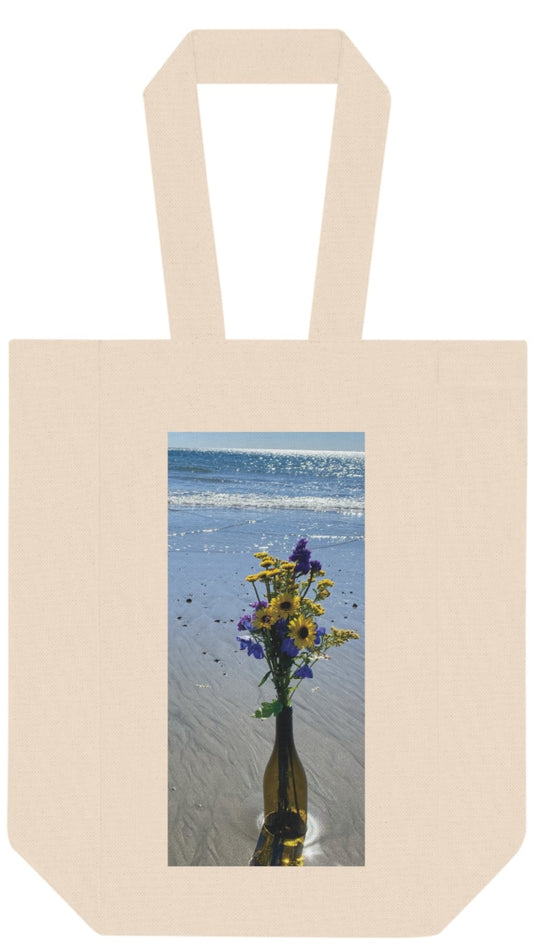 Wine Tote Bag Double (Two Bottles) with Print on One Side. “Beachy Flowers in a Bottle”