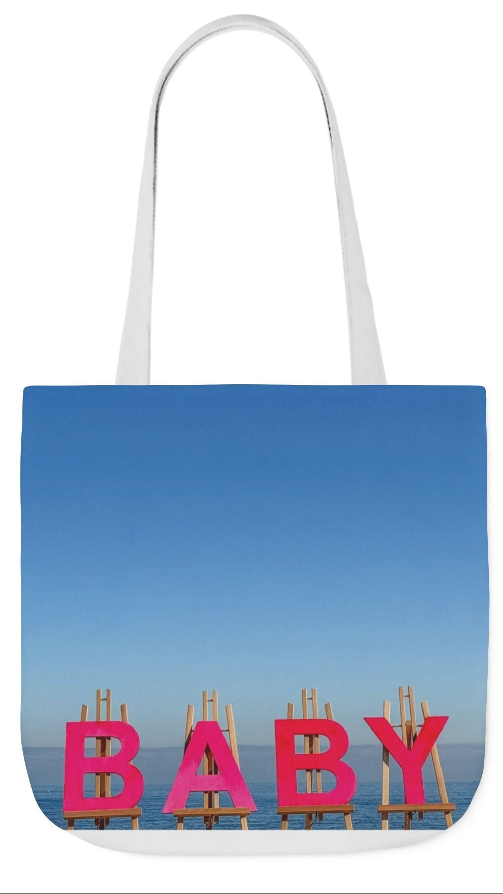 Baby Tote Bag (Pink) 18”x 18” same all over print on each side with pink or white handle options. “Shoreline Baby Tote Bag”.(Personalize it)