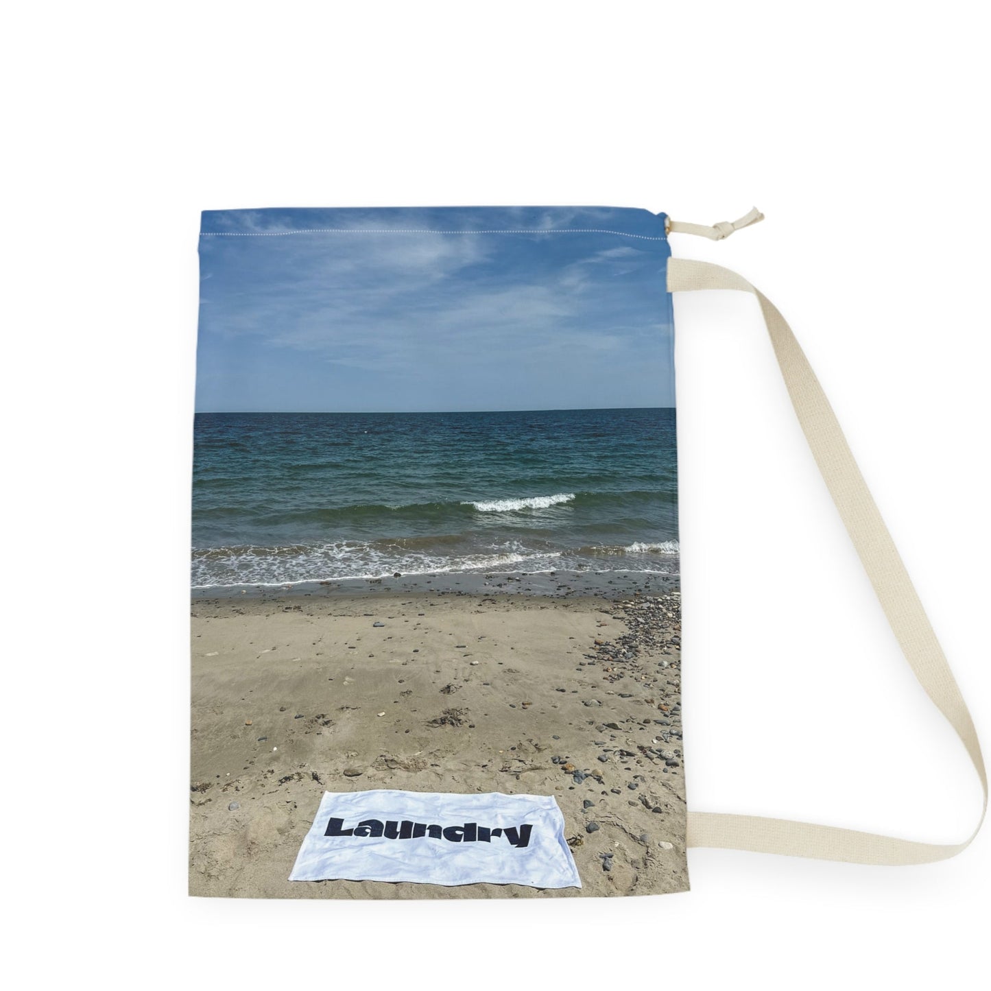 Laundry bag with shoulder strap and drawstring. Allover same print on both sides. "28 x "36. "Seaside Laundry Day".