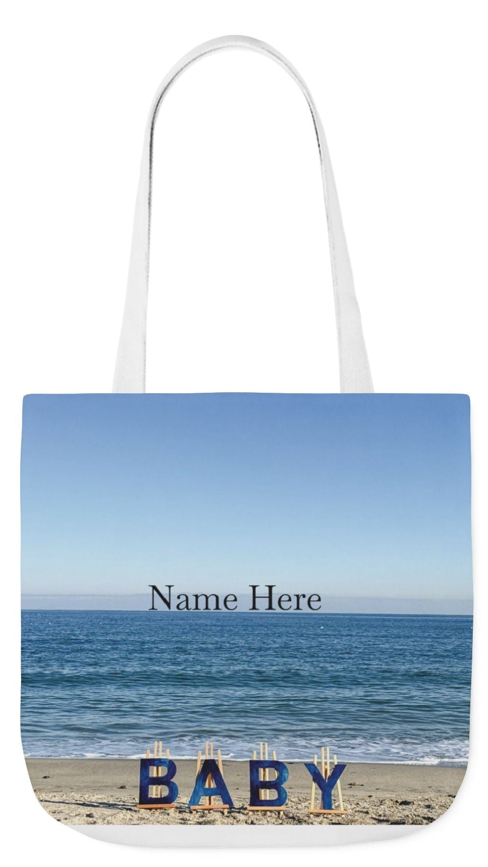 Baby Tote Bag (Blue) 18” x 18”with the same all over print on each side. Blue or White handles. "Beach Baby Tote Bag".(Personalize it)