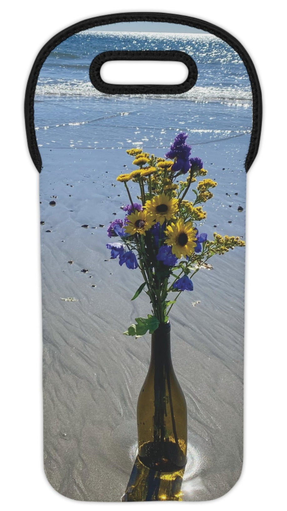 Wine Tote Bag for 1 Bottle with Same Print on Both Sides. “Beachy Flowers in a Bottle”