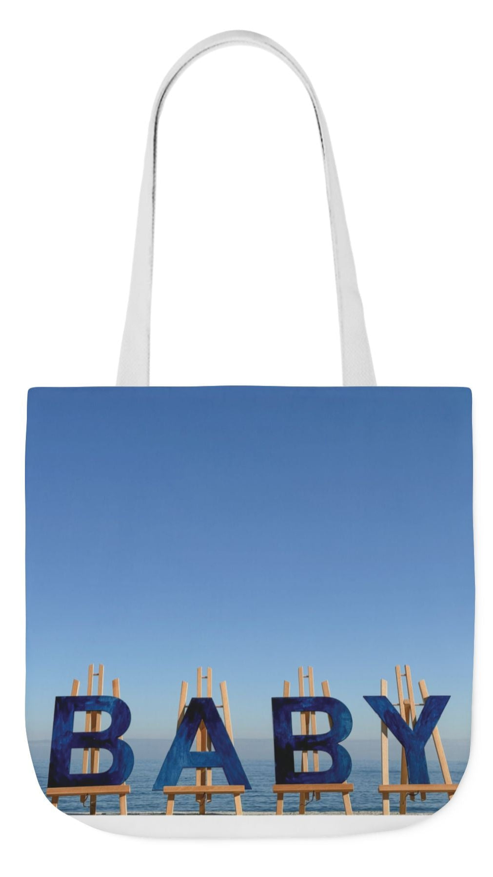 Baby Tote Bag (Blue) 18” x 18”with the same all over print on each side. Blue or white handles. "Shoreline Baby Tote Bag".