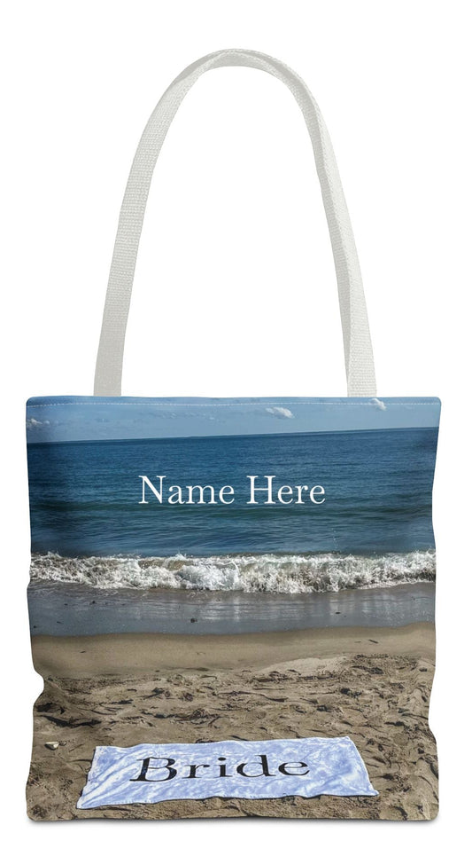 Bride Tote Bag 16" x 16" Same Print on Both Sides with White Handles. "Bride Beach Sand Bride Bag" (Personalize it)