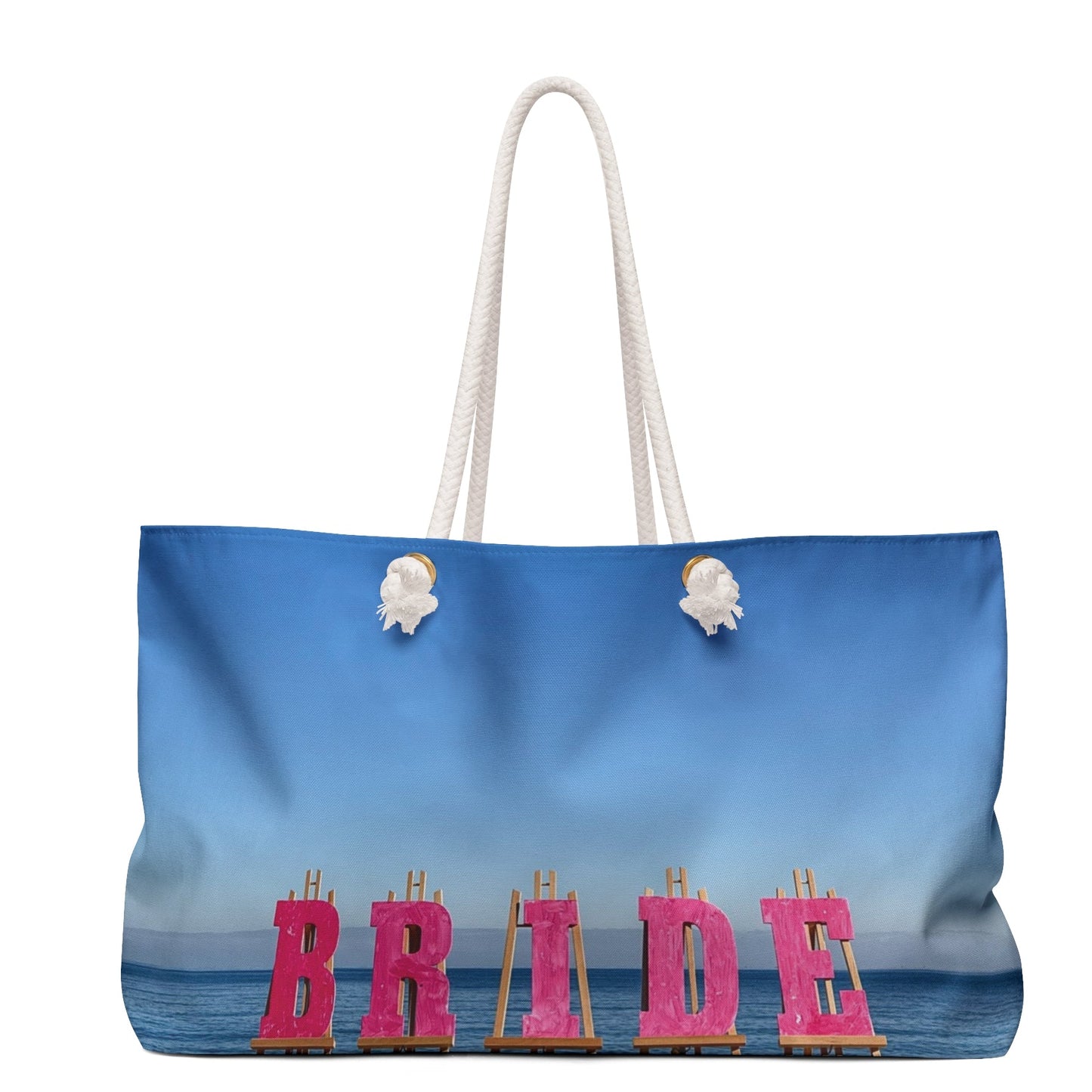 Bride Weekender Bag with same allover print on each side and rope handles. "24 x 13". "Seaside Bride Weekender Bag".(Personalize it)