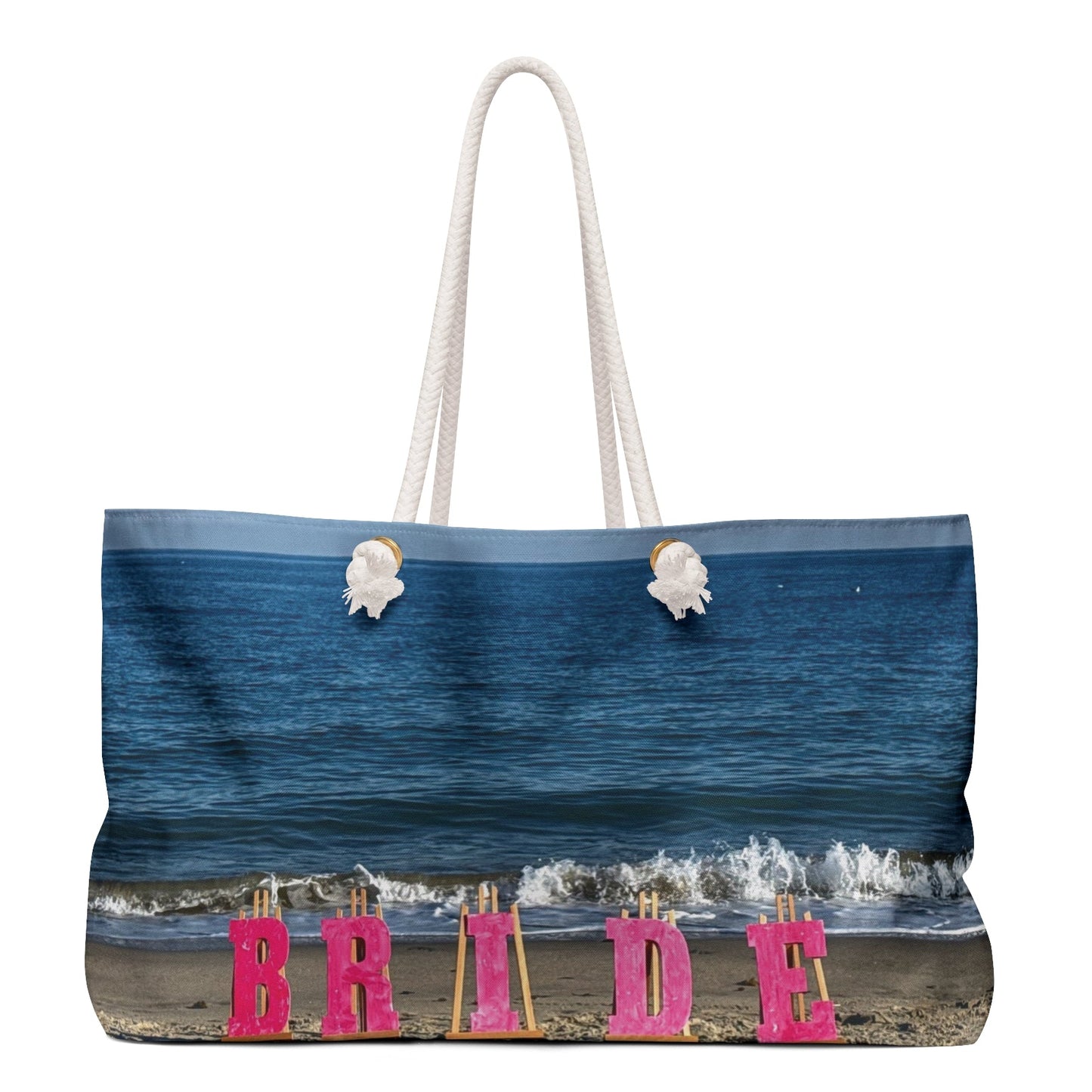 Bride Weekender Bag with same allover print on each side and rope handles. "24 x 13". "Beach Bride Weekender Bag" (Personalize it)