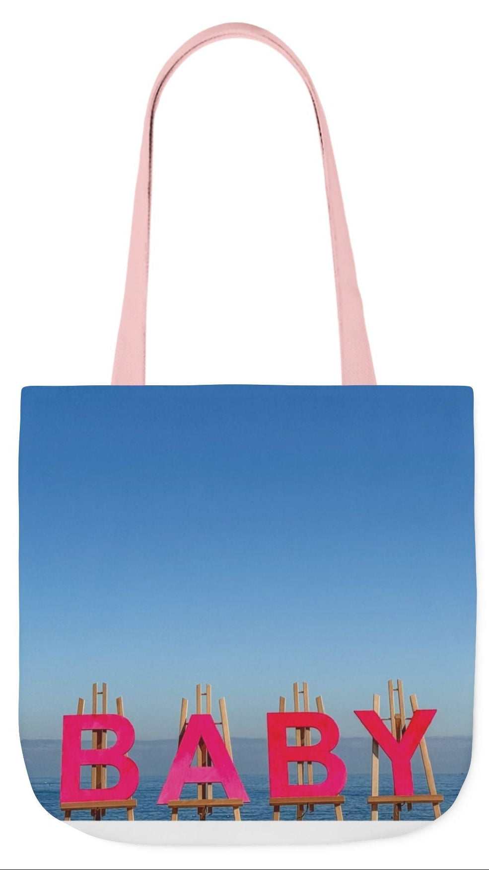 Baby Tote Bag (Pink) 18”x 18” same all over print on each side with pink or white handle options. “Shoreline Baby Tote Bag”.(Personalize it)