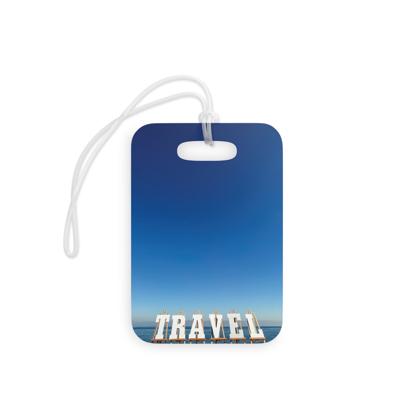Plastic Luggage Tag Different Print on each side with a Glossy Finish and clear Acrylic tie. "Seaside & Beach Travel Tag"