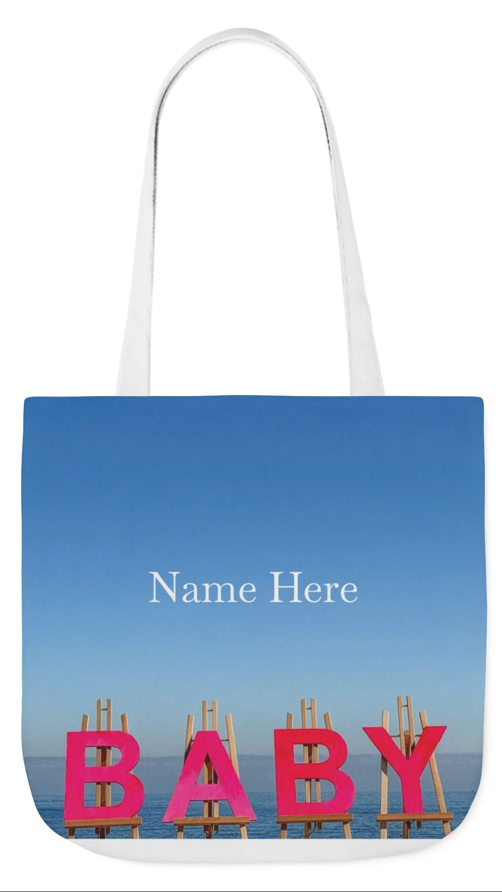 Baby Tote Bag (Pink) 18”x 18” same all over print on each side with pink or white handle options. “Shoreline Baby Tote Bag”.(Personalize it)