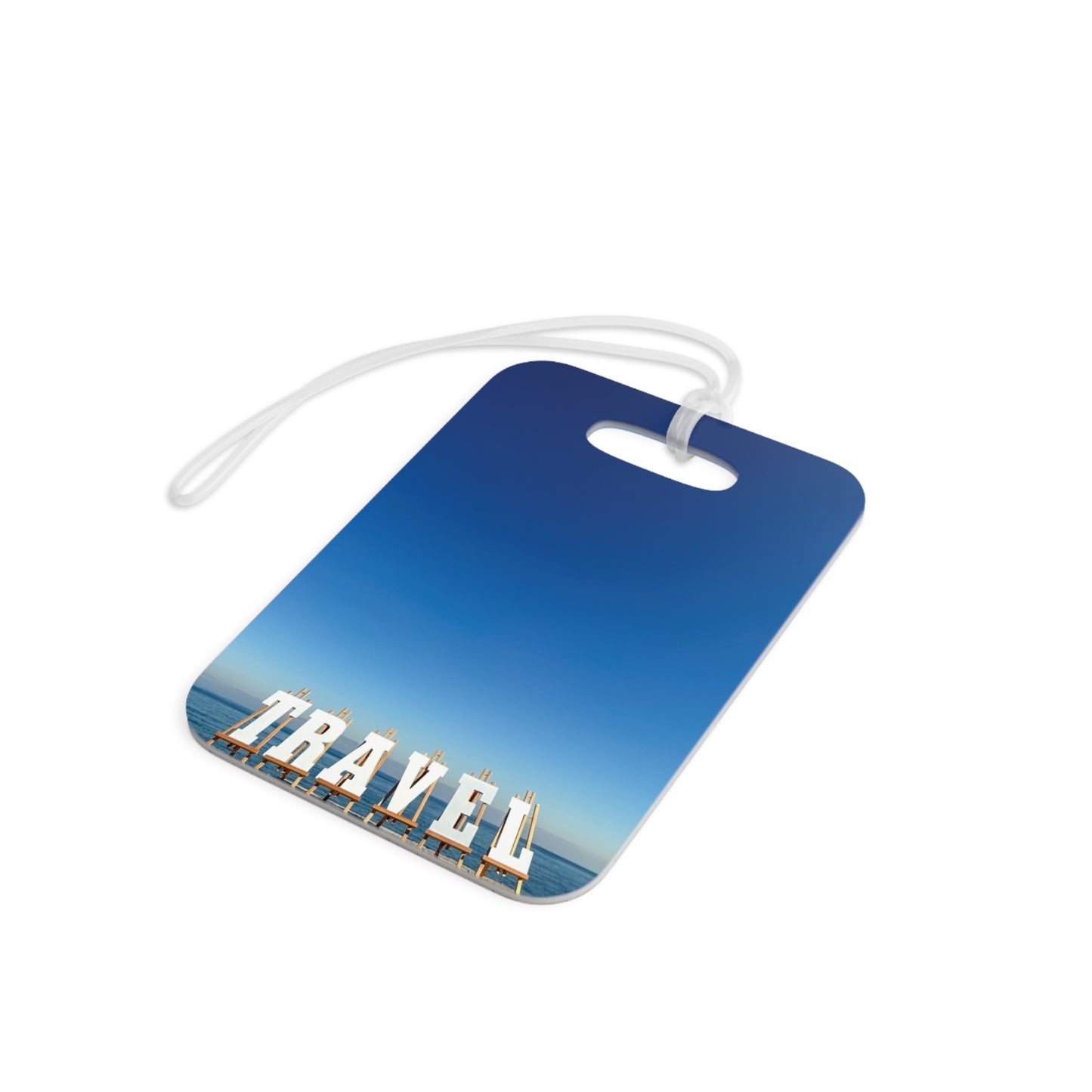 Plastic Luggage Tag Different Print on each side with a Glossy Finish and clear Acrylic tie. "Seaside & Beach Travel Tag"