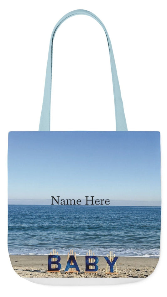 Baby Tote Bag (Blue) 18” x 18”with the same all over print on each side. Blue or White handles. "Beach Baby Tote Bag".(Personalize it)