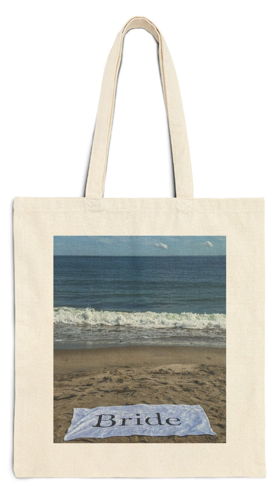 Bride Natural Color Tote Bag 15" x 16" Cotton Canvas Print on one side. "Beach Sand Bride Tote Bag"