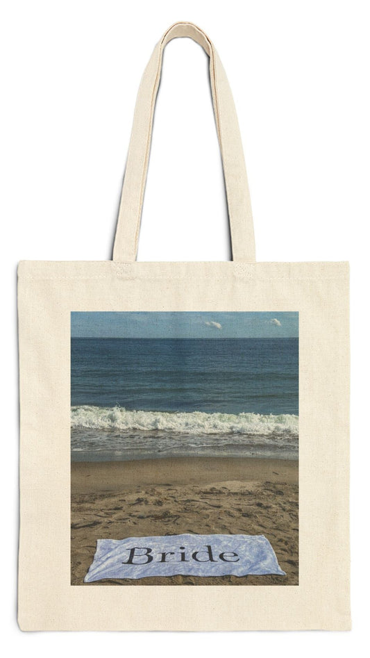 Bride Natural Color Tote Bag 15" x 16" Cotton Canvas Print on one side. "Beach Sand Bride Tote Bag"