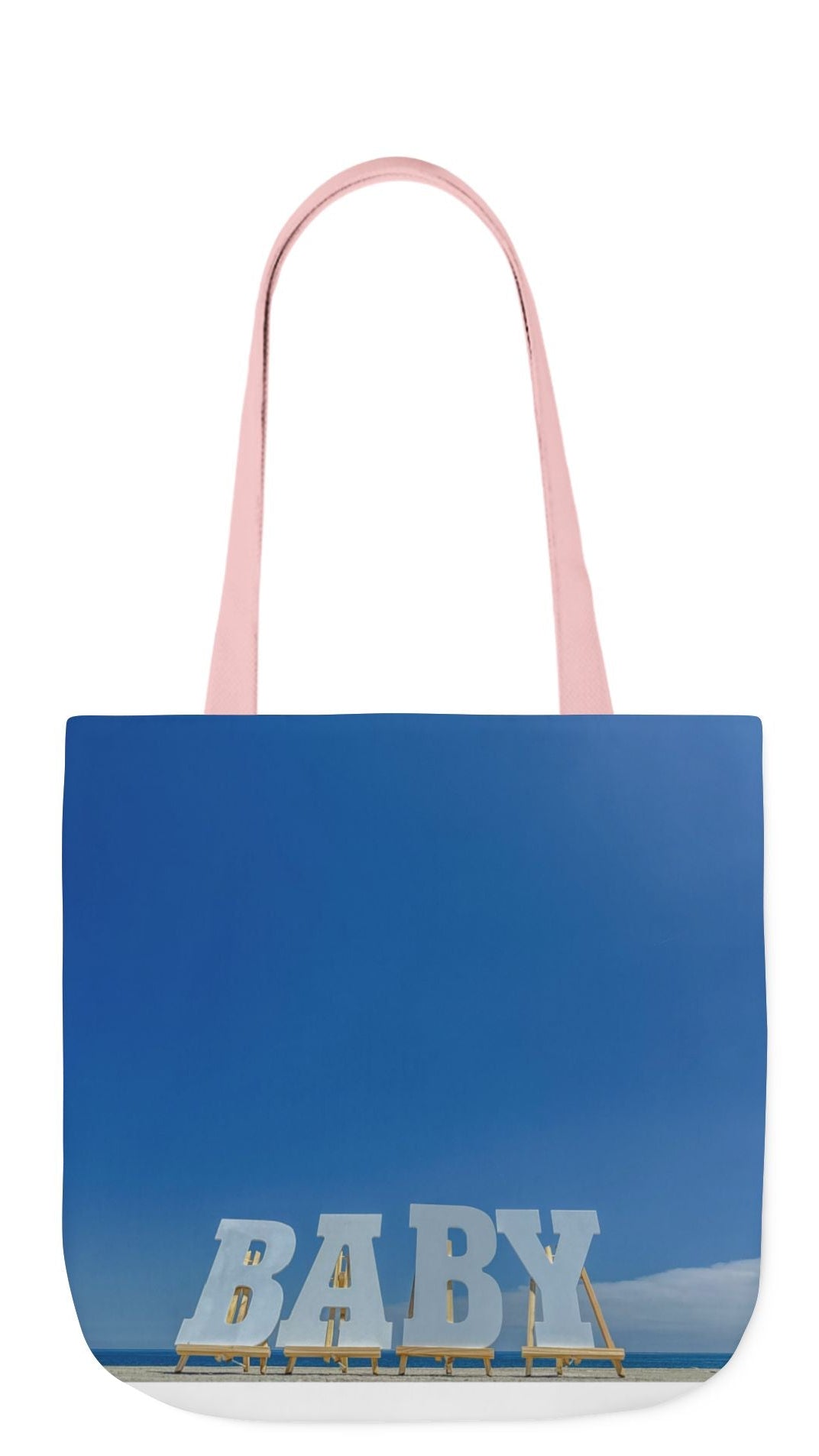 Baby Tote Bag 18”x 18” same all over print on each side with white, blue or pink handle options. “Baby Bag Bright Sky”.(Personalize it)
