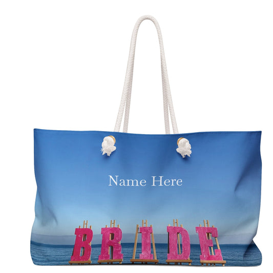 Bride Weekender Bag with same allover print on each side and rope handles. "24 x 13". "Seaside Bride Weekender Bag".(Personalize it)