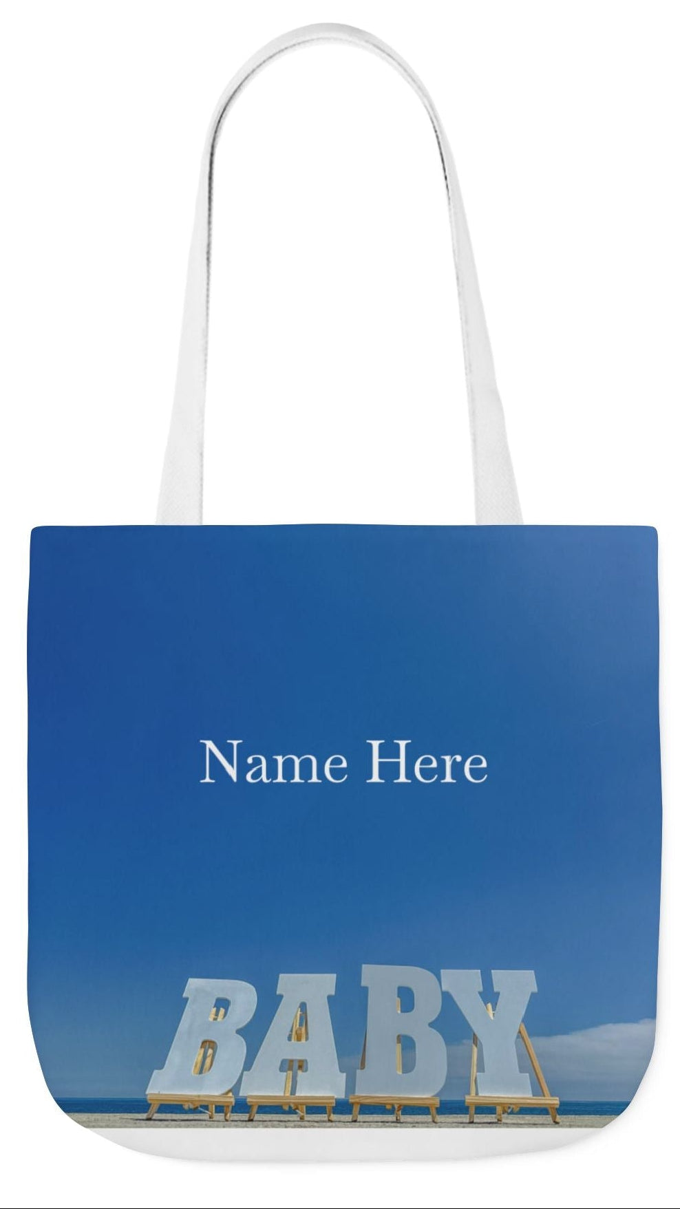 Baby Tote Bag 18”x 18” same all over print on each side with white, blue or pink handle options. “Baby Bag Bright Sky”.(Personalize it)