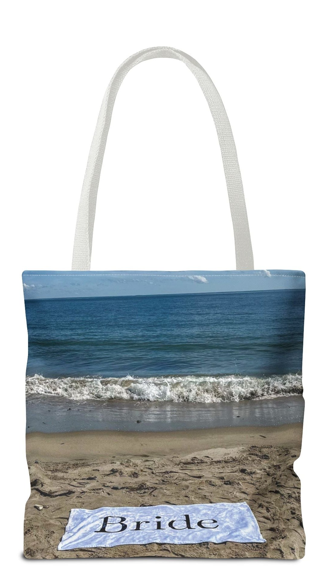 Bride Tote Bag 18" x 18" Same Print on Both Sides with White Handles. "Beach Sand Bride Bag" (Personalize it)